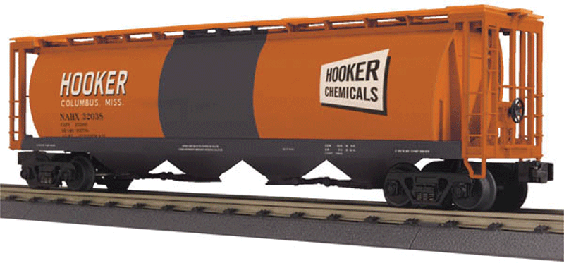4-Bay Cylindrical Covered Hopper - 3-Rail - Ready to Run - RailKing(R) -- Hooker Chemicals NAHX #32038 (orange, black, white)