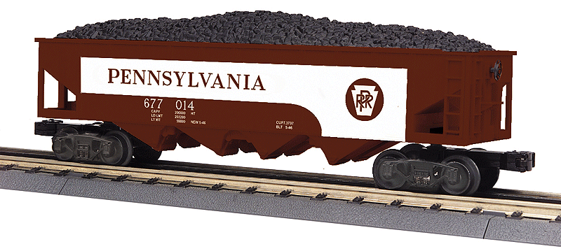 4-Bay Hopper w/Coal Load - 3-Rail - Ready to Run - RailKing(R) -- Pennsylvania Railroad #677014 (Tuscan, white)