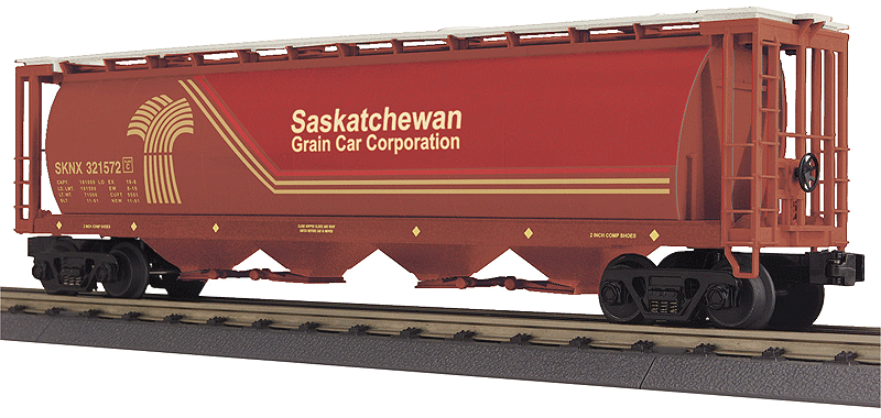 Cylindrical 4-Bay Hopper Car - 3-Rail - Ready to Run - RailKing(R) -- Saskatchewan SKNX #321572 (brown, red, yellow)