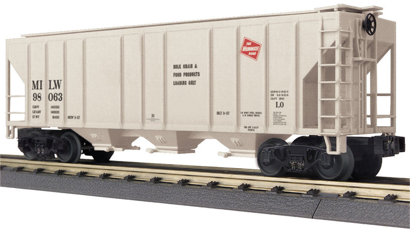 PS-2 Center-Discharge 3-Bay Covered Hopper - 3-Rail Ready to Run - RailKing(R) -- Milwaukee Road #98063 (gray, red, Small Logo)
