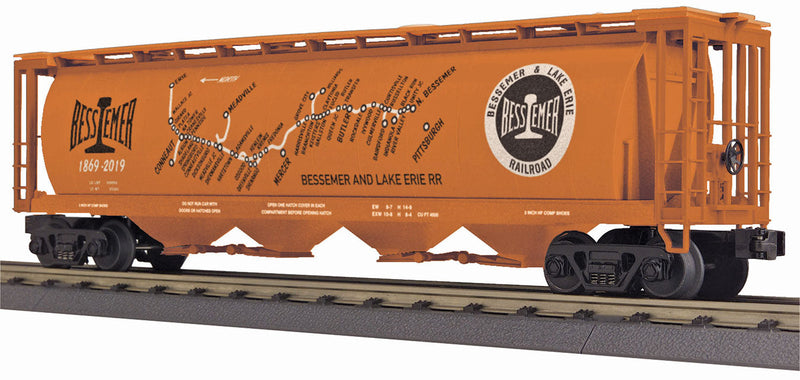 4-Bay Cylindrical Covered Hopper - 3-Rail - Ready to Run - RailKing(R) -- Bessemer & Lake Erie (Fantasy Map Scheme, orange, black)