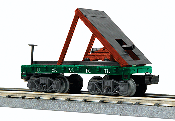 RailKing(R) 19th Century 34' Wood Flatcar w/Cannon - 3-Rail - Ready to Run -- U.S. Military Railroad (green)