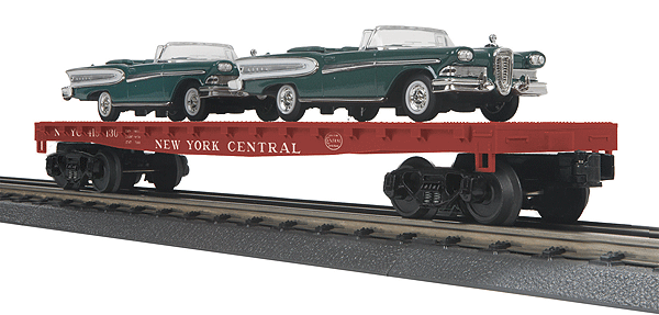 Flatcar w/Load - 3-Rail - Ready to Run - RailKing(R) -- With 2 1958 Edsel Citations, New York Central #418130 (Boxcar Red)
