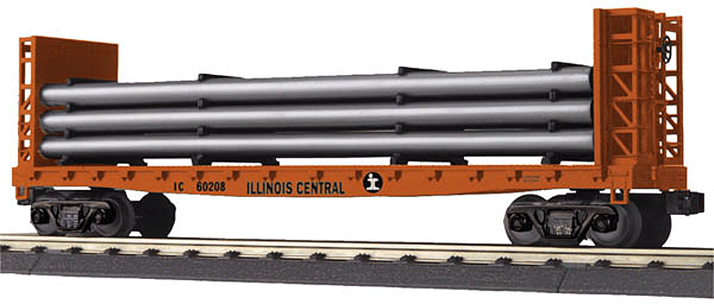 Bulkhead Flatcar w/Pipe Load - 3-Rail - Ready to Run - RailKing(R) -- Illinois Central #60208 (orange, black)