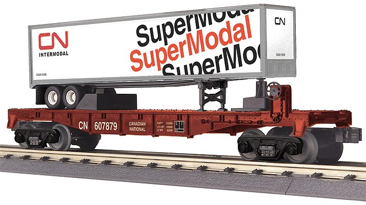 Flatcar w/Trailer - 3-Rail - Ready to Run - RailKing(R) -- Canadian National #607879 (Boxcar Red, CN Supermodal Trailer)
