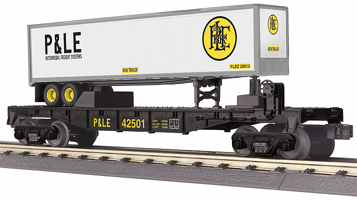 Flatcar w/Trailer - 3-Rail - Ready to Run - RailKing(R) -- Pittsburgh & Lake Erie #42501 (black, yellow w/white Trailer)
