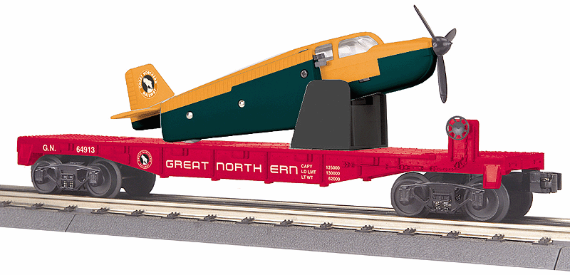 Flatcar w/Airplane Load - 3-Rail - Ready to Run - RailKing(R) -- Great Northern #64913 (red w/green & orange Plane)