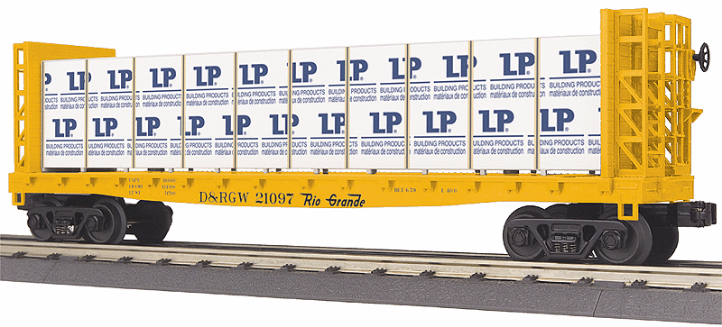 Bulkhead Flatcar w/Wrapped Lumber Load - 3-Rail - Ready to Run - RailKing(R) -- Denver & Rio Grande Western #21097 (yellow, Flying Grande)