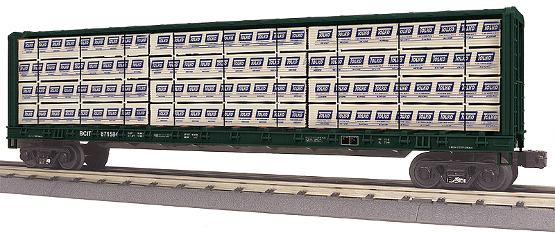 Centebeam Flatcar w/Load - 3-Rail - Ready to Run - RailKing(R) -- British Columbia Railway #871584 (green, Tolko Load)