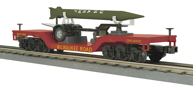 Depressed-Center Flatcar w/Rocket Load - 3-Rail - Ready to Run - RailKing(R) -- Milwaukee Road #658446 (Boxcar Red, yellow, green Army Rocket)