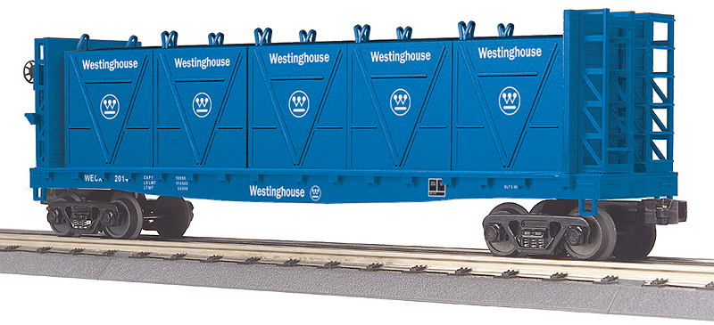 Bulkhead Flatcar w/LCL Container Load - 3-Rail - Ready to Run - RailKing(R) -- Westinghouse #2014 (blue, white)