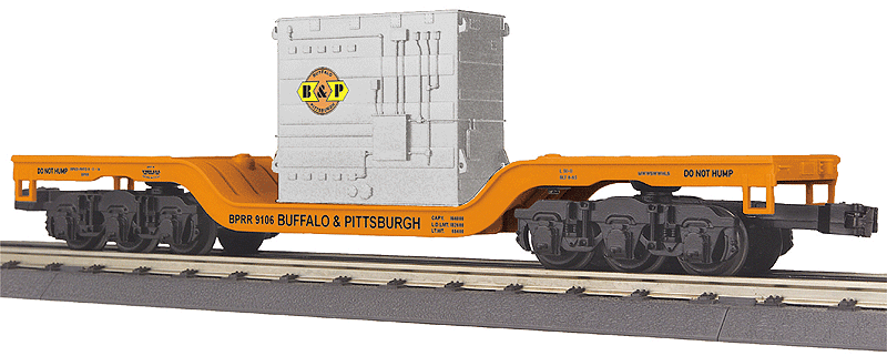Depressed-Center Flatcar w/Transformer Load - 3-Rail - Ready to Run - RailKing -- Buffalo & Pittsburgh #9105 (orange, black)