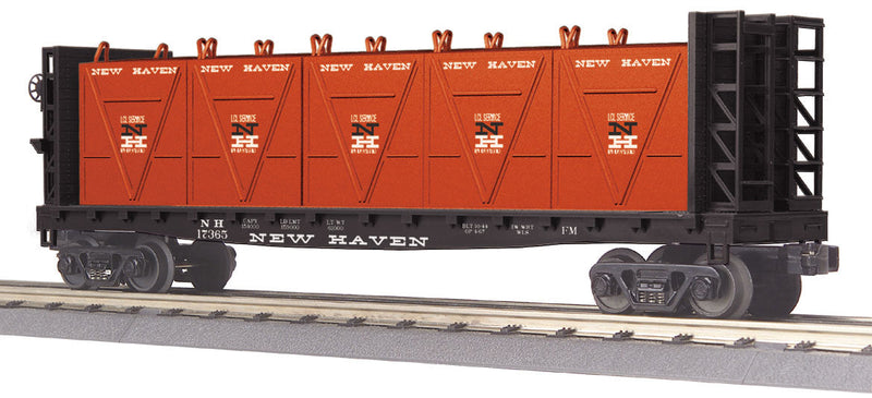 Bulkhead Flatcar w/LCL Container Load - 3-Rail - Ready to Run - RailKing(R) -- New Haven #17365 (black w/NH red Containers)-1