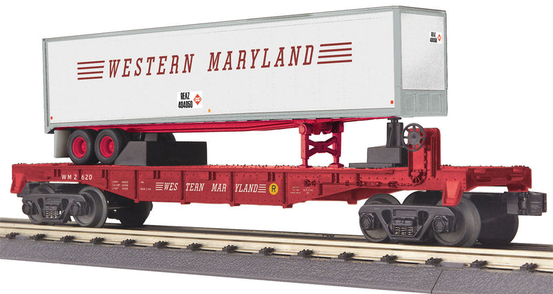 Flatcar w/40' Trailer - 3-Rail - Ready to Run - RailKing(R) -- Western Maryland #2020 (Boxcar Red w/white Trailer, Speed Lettering)