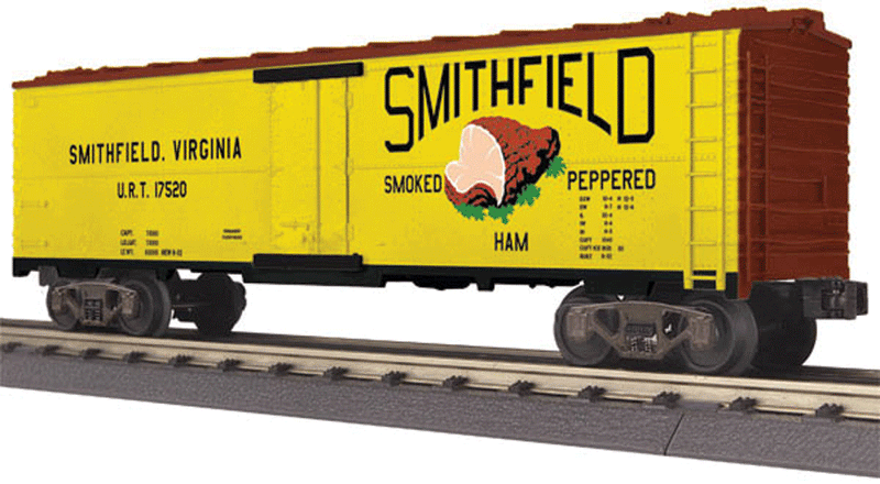 Modern Steel Ice Reefer - 3-Rail - Ready to Run - RailKing(R) -- Smithfield Virginia Ham URT #17250 (yellow, Boxcar Red, black, brown)