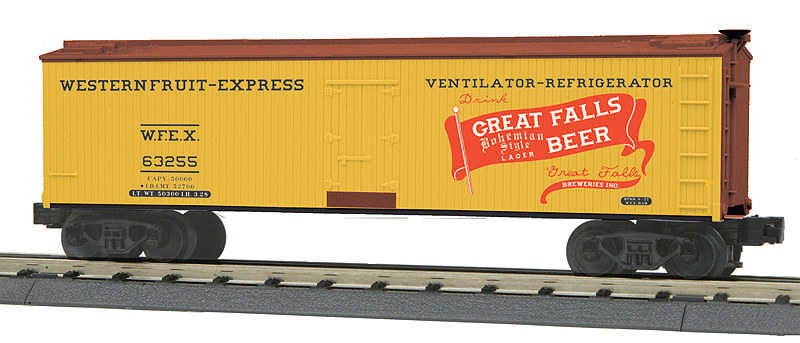 40' Wood Ice Reefer - 3-Rail - Ready to Run - RailKing(R) -- Great Falls Beer #63255 (yellow, Boxcar Red, red)
