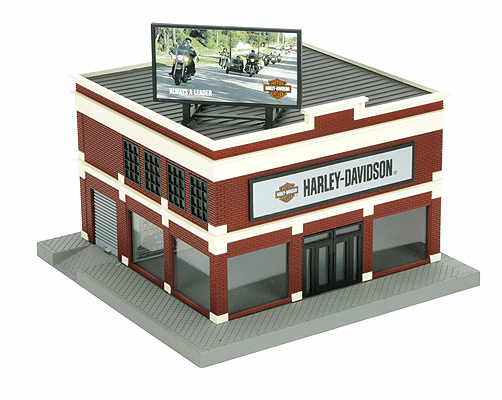 RailKing(R) Motorcycle Dealership w/Interior Light - Assembled -- Harley-Davidson(R) 9-3/8 x 9-3/8 x 6-3/8"  23.8 x 23.8 x 16.2cm