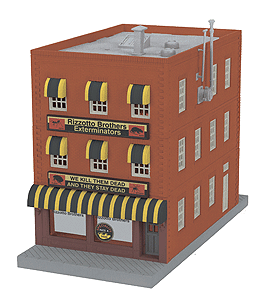 RailKing Railtown 3-Story City Building w/Fire Escape & Blinking Sign -- Rizzotto Brothers Exterminators