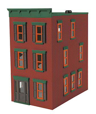 RailKing(R) 3-Story Townhouse #2 w/Lights - Assembled -- Miner Red Brick (dark red) 6-3/8 x 3-15/16 x 7-1/8"  16.2 x 10 x 18.1cm