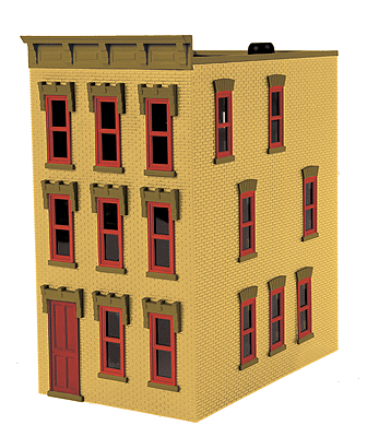 RailKing(R) 3-Story Townhouse #3 w/Lights - Assembled -- Dusty Yellow Brick 6-3/8 x 3-15/16 x 7-1/8"  16.2 x 10 x 18.1cm