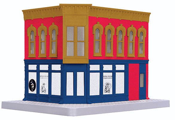 RailKing(R) Corner Building w/Lights & Flashing Sign - Assembled -- Royal Flush Plumbing 9-7/8 x 7-7/16 x 7-1/16"  25.1 x 17.9 x 17.9cm