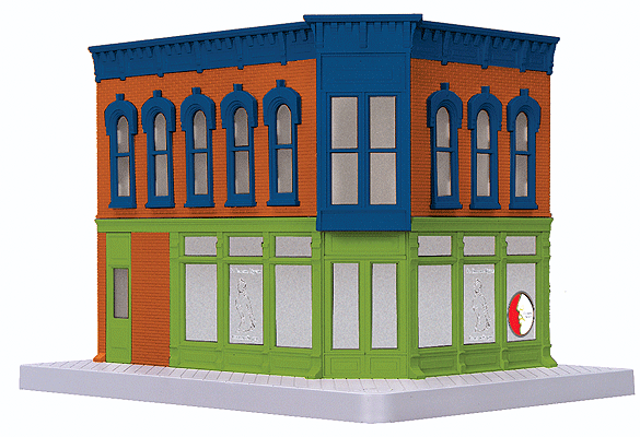 RailKing(R) Opposite Corner Building w/Light & Flashing Sign - Assembled -- Dr. Emerson Bigguns Cosmetic Surgery 9-7/8 x 7-7/16 x 7-1/16" 25.1x17.9x17.