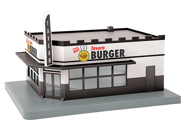 RailKing(R) Single-Story Corner Store w/Light - Assembled -- Tavern Burger 10-3/8 x 8-3/8 x 6-1/4"  26.3 x 21.3 x 15.9cm-1