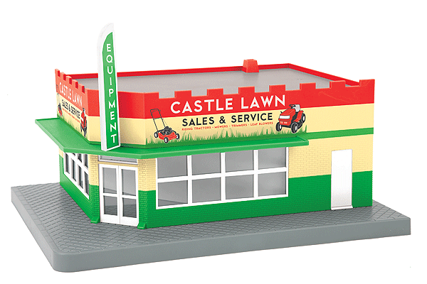 RailKing(R) Single-Story Corner Store w/Light - Assembled -- Castle Lawn Mower Repair 10-3/8 x 8-3/8 x 6-1/4"  26.3 x 21.3 x 15.9cm