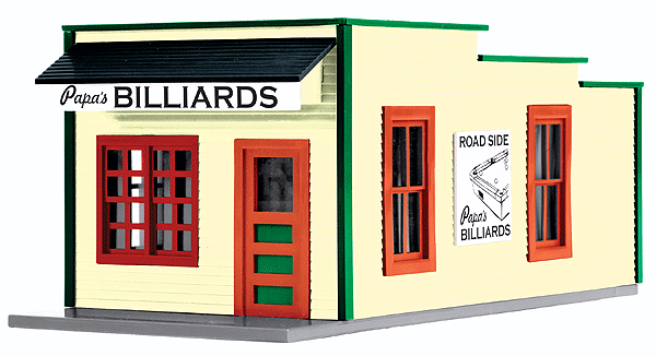 RailKing(R) Small Country Store w/Light - Assembled -- Papa's Billiards 7-1/2 x 3-1/2 x 3-1/8"  19.1 x 8.9 x 7.9cm