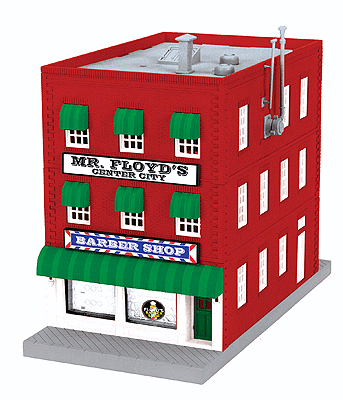 RailKing(R) 3-Story City Building w/Fire Escape & Flashing Sign - Assembled -- Mr. Floyd's Center City Barber Shop 12-3/4 x 6-5/16 x 9-3/16"  32.4x16x23.3