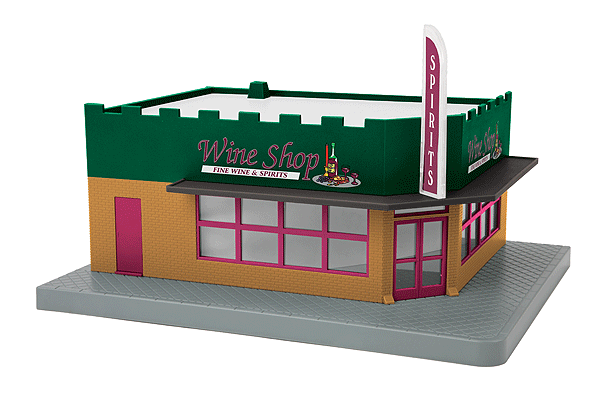 Single Story Opposite Corner Store - Wine Shop - RailKing(R) -- Assembled - 10-3/8 x 8-3/8 x 6-1/4"  26.4 x 21.3 x 15.9cm