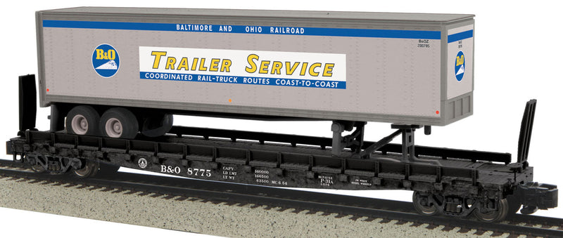 Flatcar w/48' Trailer - Hi-Rail Wheels - Ready to Run -- Baltimore & Ohio #8775 (black Flat w/silver, blue, yellow Trailer)