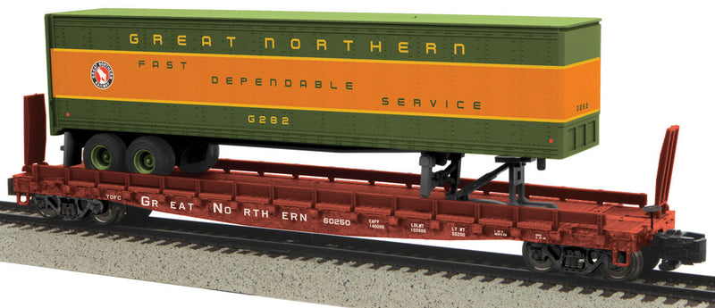 Flatcar w/48' Trailer - Hi-Rail Wheels - Ready to Run -- Great Northern #60250 (Boxcar Red Flat w/orange, green Trailer)