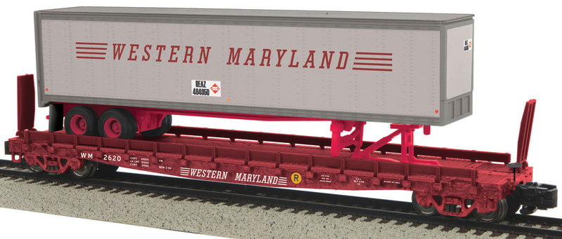 Flatcar w/48' Trailer - Hi-Rail Wheels - Ready to Run -- Western Maryland #2620 (Boxcar Red Flat w/gray Trailer)