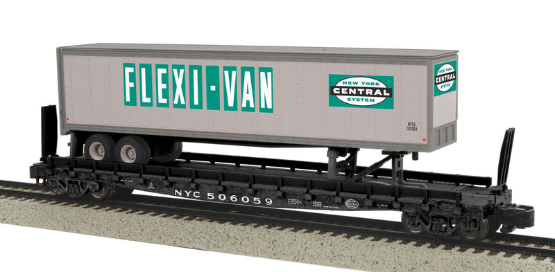 Flatcar w/48' Trailer - Hi-Rail Wheels - Ready to Run -- New York Central #506059 (black Flat w/gray, green Flexi-Van Trailer)