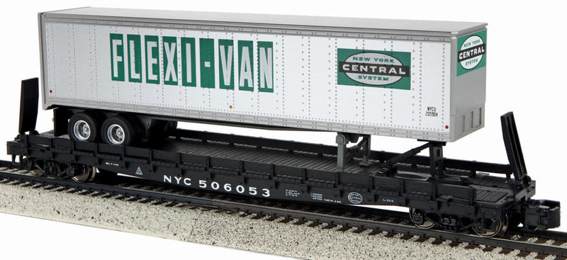 Flatcar w/48' Trailer - Scale Wheels - Ready to Run -- New York Central #506053 (black Flat w/gray, green Flexi-Van Trailer)