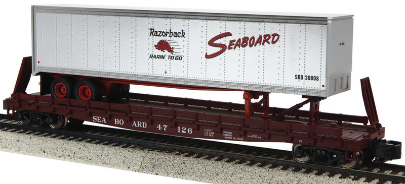 Flatcar w/48' Trailer - Scale Wheels - Ready to Run -- Seaboard #47126 (Boxcar Red Flat w/gray, red, Razorback Trailer)