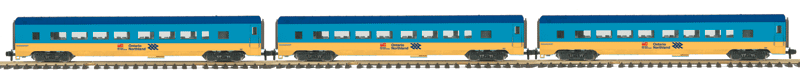 Streamlined Smooth-Side Coach 3-Pack - Ready to Run - RailKing One Gauge -- Ontario Northland #804, 832, 841 (Northlander Scheme, blue, yellow)