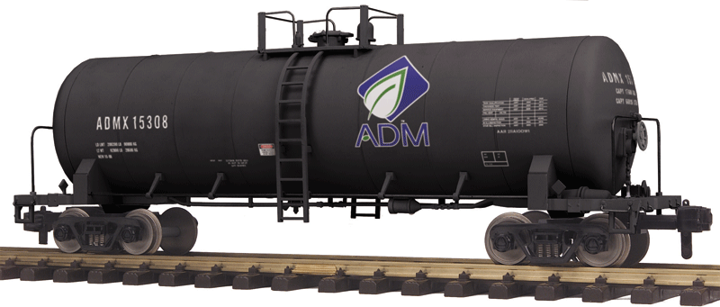 Unibody Tank Car - Ready to Run - RailKing One Gauge -- Archer-Daniels-Midland ADMX #15308 (black, blue, white, Leaf Logo)-1