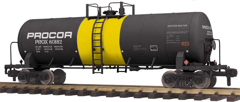 Unibody Tank Car - Ready to Run - RailKing One Gauge -- Procor PROX #60182 (black, yellow, Sulfur Service)