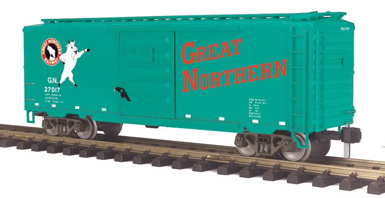 40' Steel Boxcar - Ready to Run - RailKing One Gauge -- Great Northern #27017 (Jade Green, red, Standing Rocky)