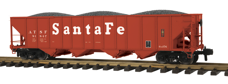 4-Bay Hopper w/Load - Ready to Run - RailKing One Gauge -- Santa Fe #81847 (Boxcar Red, white, Large Lettering)