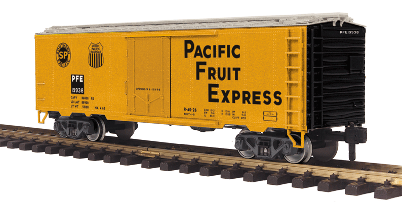 40' Steel Reefer - Ready to Run - RailKing One Gauge -- Pacific Fruit Express #19938 (orange, black, black UP & SP Logos)