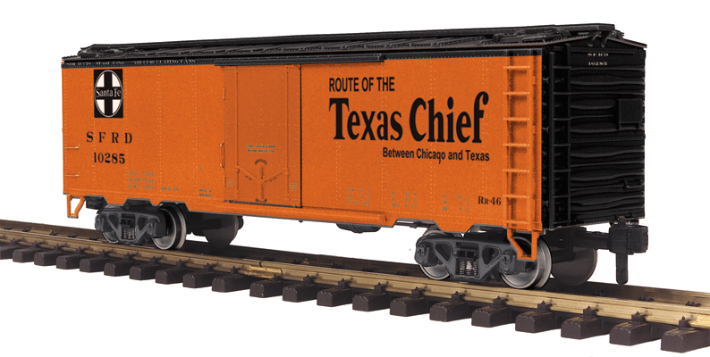40' Steel Reefer - Ready to Run - RailKing One Gauge -- Santa Fe #10285 (orange, black Texas Chief Slogan)