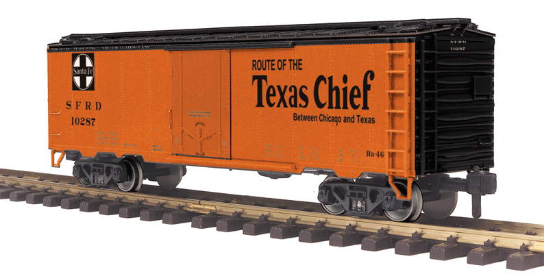 40' Steel Reefer - Ready to Run - RailKing One Gauge -- Santa Fe #10287 (orange, black Texas Chief Slogan)
