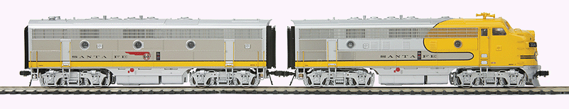 Diesel EMD F7 A-B Set - Proto-Sound 3.0 & DCC Equipped -- Santa Fe #304 & 342B (Yellow Warbonnet Scheme, yellow, silver)