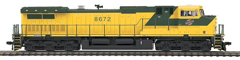 GE Dash 9-44CW - Standard DC -- Chicago & North Western #8672 (Lightning Stripe, yellow, green)