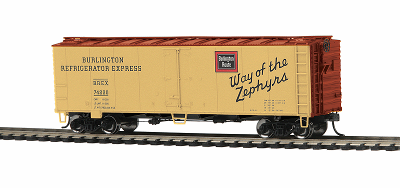 40' Steel Ice Reefer - Ready-2-Rail(TM) -- Chicago, Burlington & Quincy #74220 (yellow, Boxcar Red, Zephyrs Slogan)