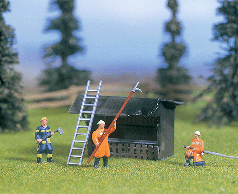 Miniature Scene -- Firefighters At Work Includes 3 firemen, 1 concession stand & accessories
