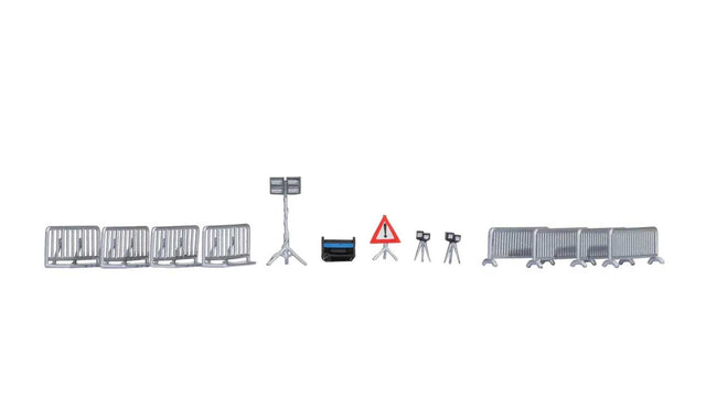 Police Accessories -- 8 Barricades, Nonworking Lights, Sign, Bin